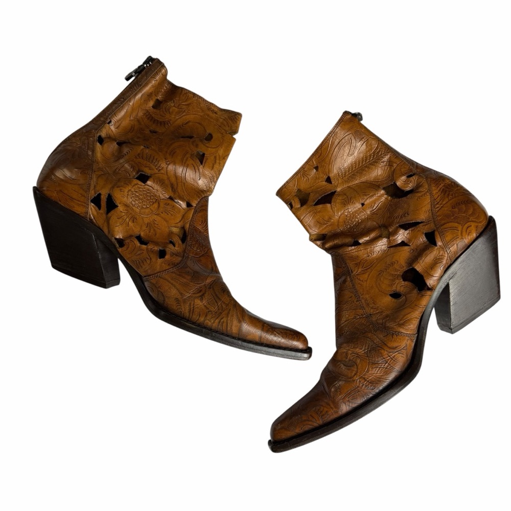 Donald J. Pliner Tan Tooled Leather Cutout Ankle Boots